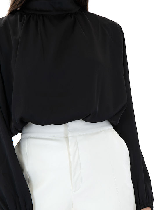 Women's Crop Top Satin Long Sleeve Black