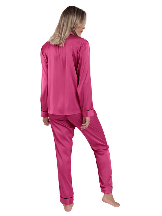 Admas Winter Damen Pyjama-Set Satin,σατεν Fuchsia