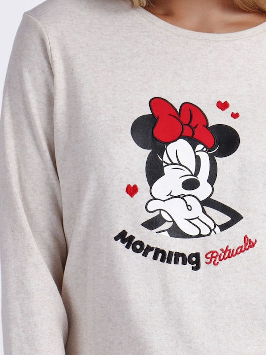 Disney Χειμερινό Γυναικείο Σετ Πιτζάμας Μπεζ Minnie Morning