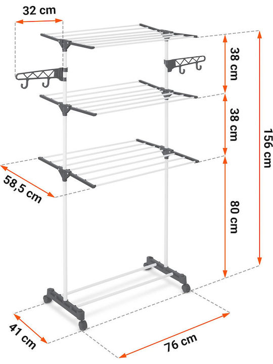 Vertical Clothes Dryer Foldable Solid Metal Construction 3 Levels 6 Wings 15 M White