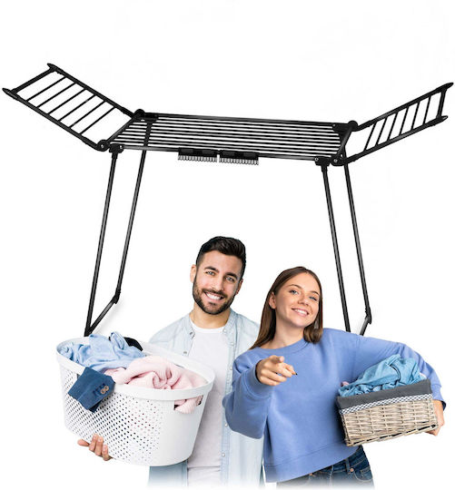 Metal Clothes Drying Rack Strong Construction Telescopic Sliding Wings Non-slip Feet 19m Black