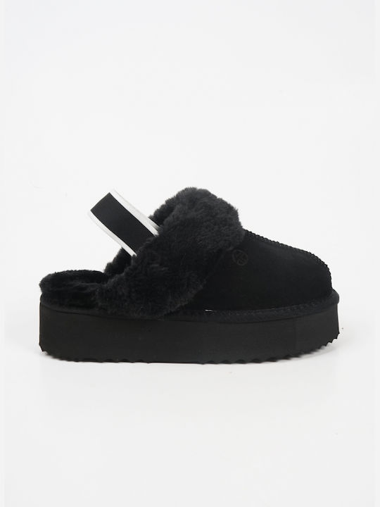 Kelara Leather Winter Women's Slippers in Black color