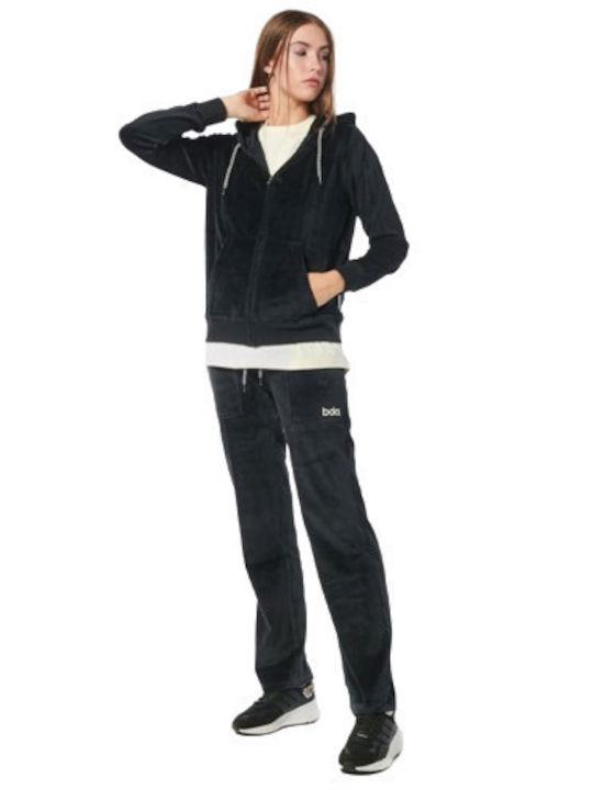 Damen Sweatshirtjacke Samt Kapuzen BLACK