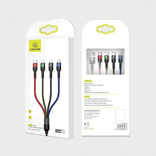 Usams US-SJ317 Braided USB to Lightning / Type-C / micro USB Cable 2A Μαύρο 1.2m