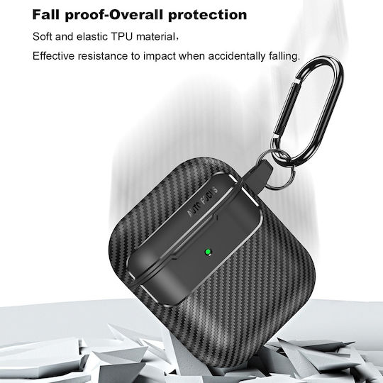 Techsuit Carbonfiber Θήκη Σιλικόνης με Γάντζο σε Μαύρο χρώμα για Apple AirPods 1 / AirPods 2