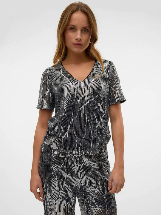 Women's Blouse Short Sleeve with V Neckline Black