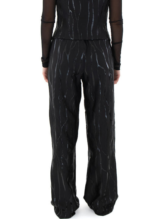 Women's High-waisted Fabric Trousers with Elastic in Wide Line Black