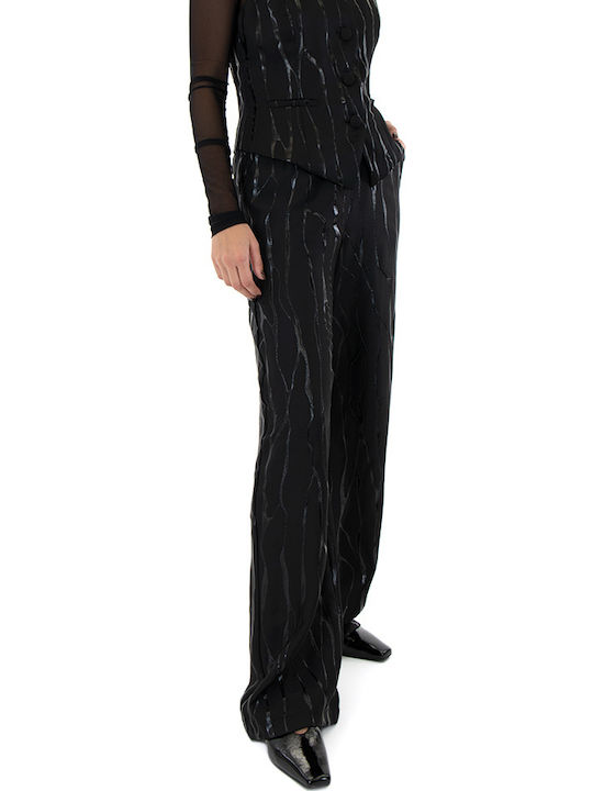 Women's High-waisted Fabric Trousers with Elastic in Wide Line Black