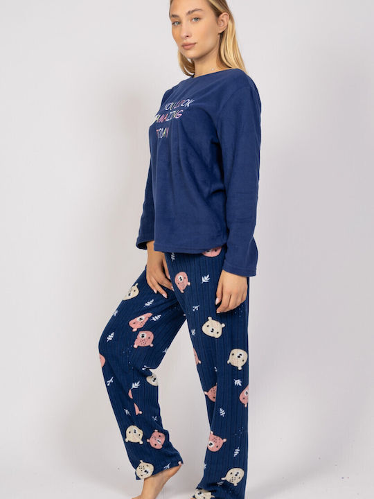 Sexen Χειμερινό Γυναικείο Σετ Πιτζάμας Fleece Μπλε