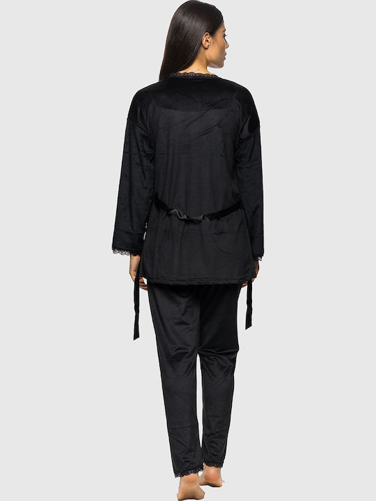 Damen Winter Samt Pyjama Set Robe-13402-2 Schwarz