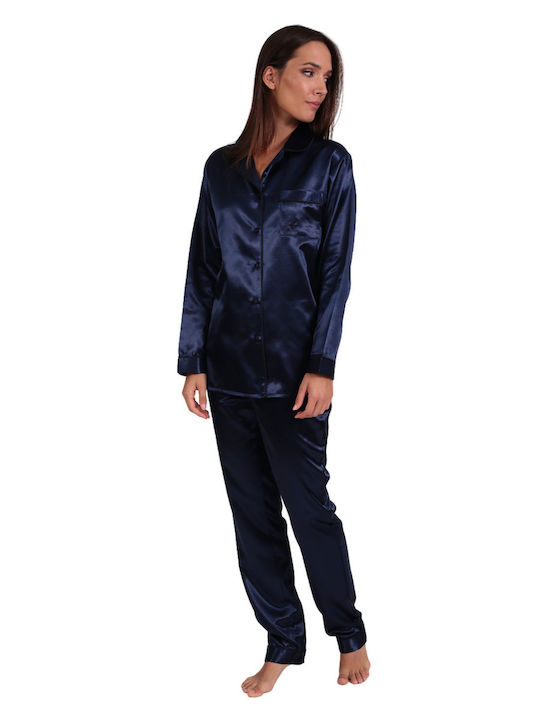 Lydia Creations Winter Women's Pyjama Set Satin Dark Blue