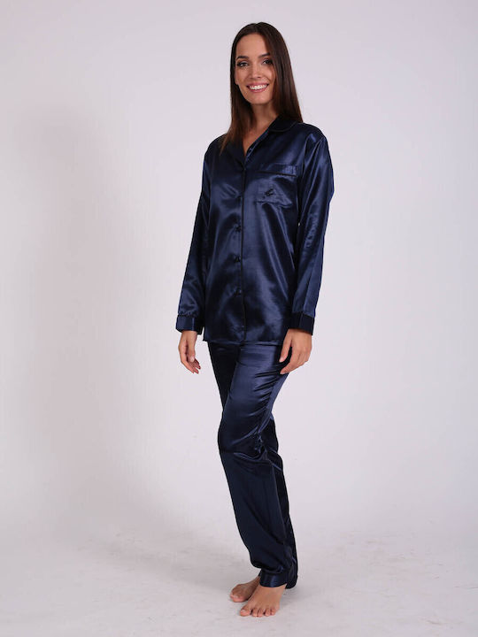 Lydia Creations Winter Women's Pyjama Set Satin Dark Blue