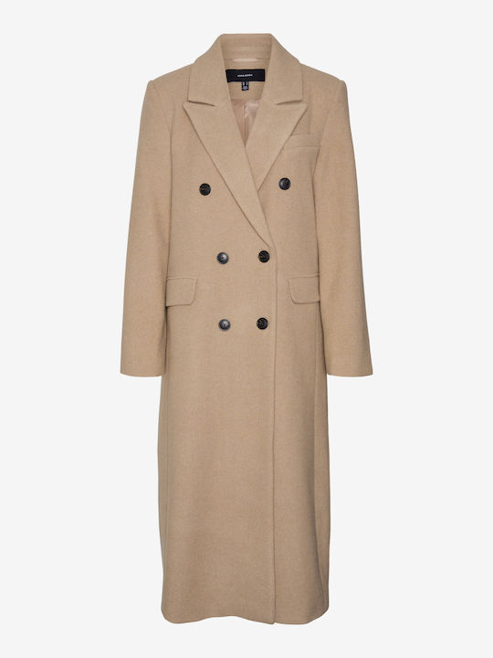 Wool Women's Beige Coat with Buttons