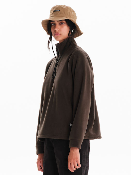 Winter Women's Fleece Long Sleeve Blouse with Neckline with Zipper Green