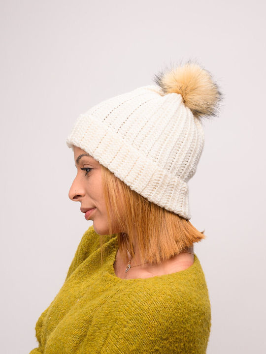 Pom Pom Beanie Feminin Căciulă cu Tricotaj Rib în culoarea Bej