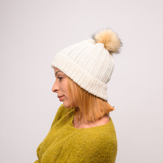 Pom Pom Beanie Beanie with Rib Knit in Beige color
