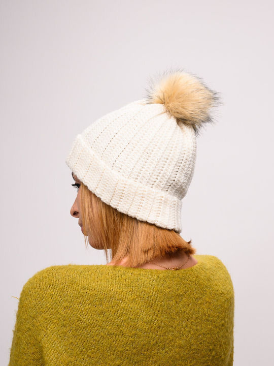 Pom Pom Beanie Feminin Căciulă cu Tricotaj Rib în culoarea Bej