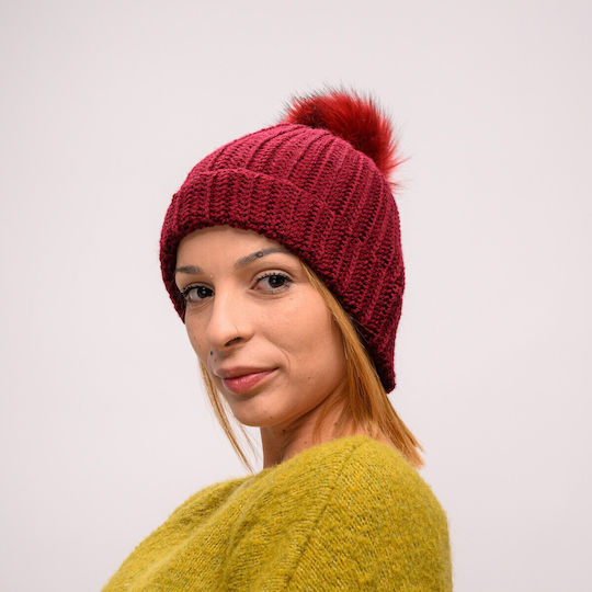 Pom Pom Beanie Frauen Beanie mit Rippstrick in Burgundisch Farbe