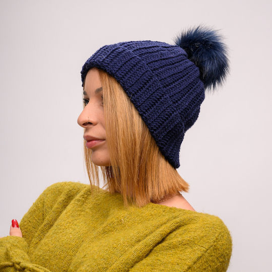 Pom Pom Beanie Beanie with Rib Knit in Navy Blue color