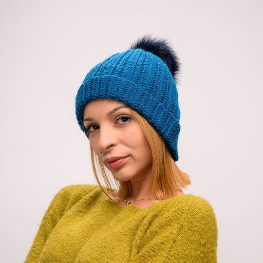 Pom Pom Beanie Beanie with Rib Knit in Blue color
