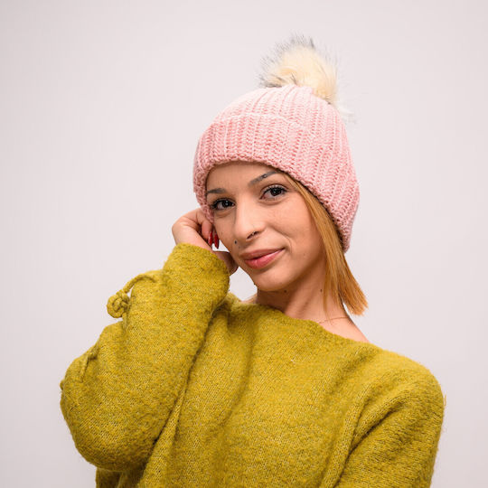 Pom Pom Beanie Γυναικείος Σκούφος με Rib Πλέξη σε Ροζ χρώμα