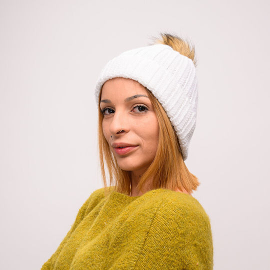 Pom Pom Beanie Beanie with Rib Knit in White color