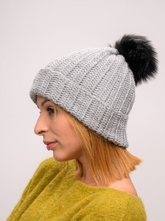 Pom Pom Beanie Feminin Căciulă cu Tricotaj Rib în culoarea Gri