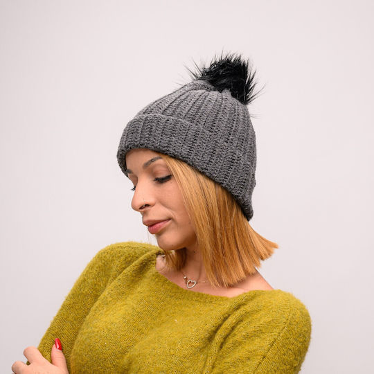 Pom Pom Beanie Beanie with Rib Knit in Gray color
