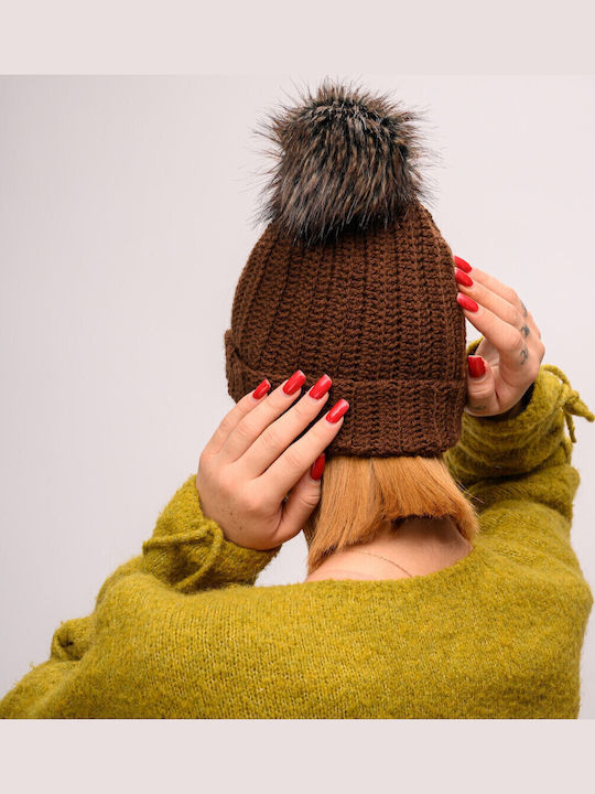 Pom Pom Beanie Γυναικείος Σκούφος με Rib Πλέξη σε Καφέ χρώμα