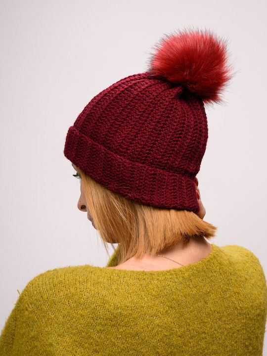 Pom Pom Beanie Γυναικείος Σκούφος με Rib Πλέξη σε Μπορντό χρώμα
