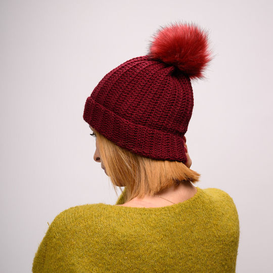Pom Pom Beanie Frauen Beanie mit Rippstrick in Burgundisch Farbe