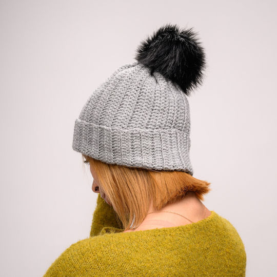 Pom Pom Beanie Feminin Căciulă cu Tricotaj Rib în culoarea Gri