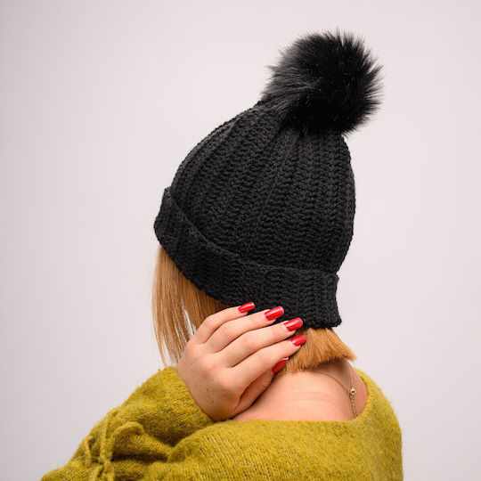 Pom Pom Beanie Beanie with Rib Knit in Black color