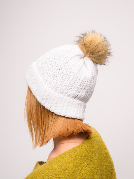 Pom Pom Beanie Frauen Beanie mit Rippstrick in Weiß Farbe