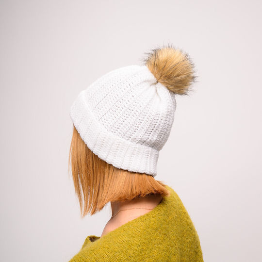 Pom Pom Beanie Beanie with Rib Knit in White color