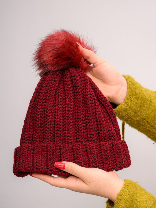 Pom Pom Beanie Γυναικείος Σκούφος με Rib Πλέξη σε Μπορντό χρώμα