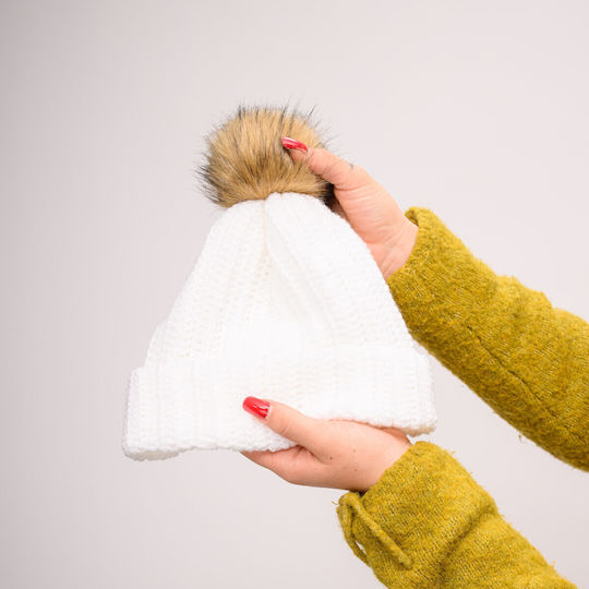 Pom Pom Beanie Beanie with Rib Knit in White color