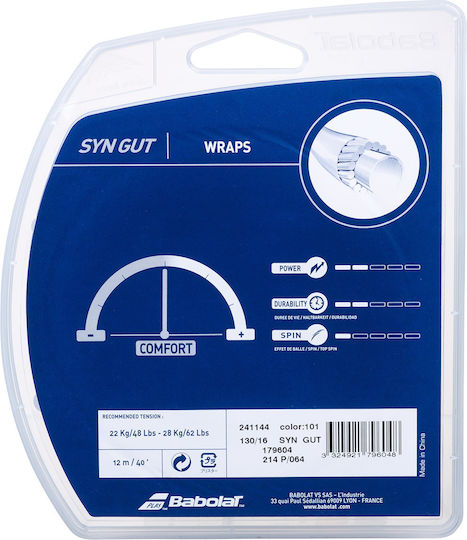 Babolat Syn Gut 12m Tennis Racket String White 12m, Φ1.30mm