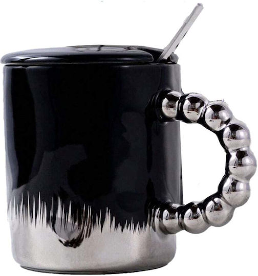 Ceramic Mug Lid Spoon Pufo Opulence Coffee Tea 250 Ml Black Silver Ceramic Mug Lid Spoon Pufo Opulence Coffee Tea 250 Ml Black Silver