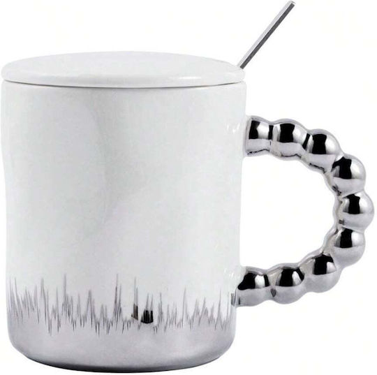 Ceramic Mug Lid Spoon Pufo Opulence Coffee Tea 250 Ml White Silver Ceramic Mug Lid Spoon Pufo Opulence Coffee Tea 250 Ml White Silver
