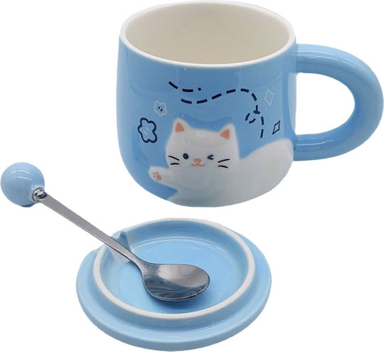 Ceramic Mug Lid Spoon Pufo Happy Kitty Coffee Tea 350 Ml Blue
