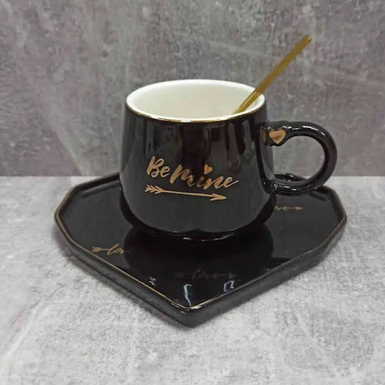Ceramic Mug Heart-shaped Plate Pufo Be Mine Spoon Coffee Tea 180 Ml Black
