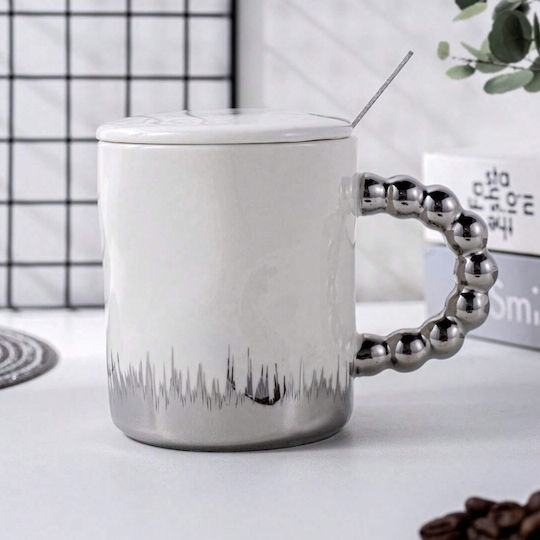 Keramische Tasse Mit Deckel Löffel Pufo Opulenz Kaffee Tee 250 ml Weiß Silber