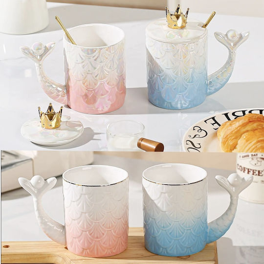 Ceramic Mug Lid Pufo Princess Spoon Coffee Tea 300 Ml Blue