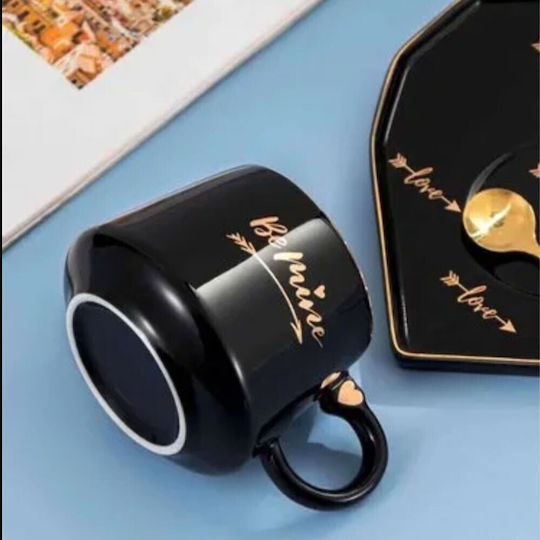 Ceramic Mug Heart-shaped Plate Pufo Be Mine Spoon Coffee Tea 180 Ml Black