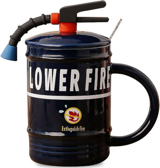 Ceramic Mug Lid Pufo Stop Fire Spoon Coffee Tea 400 Ml Blue