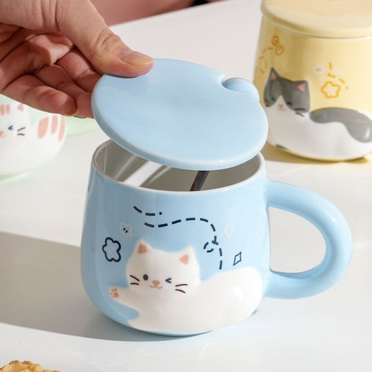 Ceramic Mug Lid Spoon Pufo Happy Kitty Coffee Tea 350 Ml Blue