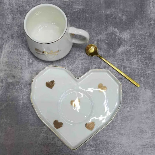 Ceramic Mug Heart-shaped Plate Spoon Pufo Be Mine Coffee Tea 180 Ml White