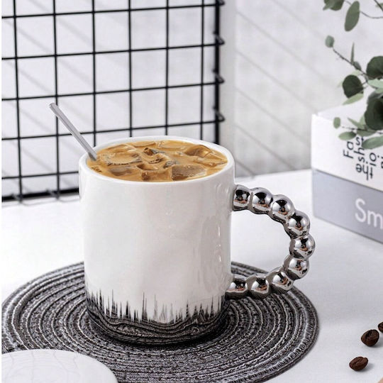 Keramische Tasse Mit Deckel Löffel Pufo Opulenz Kaffee Tee 250 ml Weiß Silber