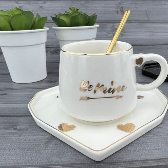Ceramic Mug Heart-shaped Plate Spoon Pufo Be Mine Coffee Tea 180 Ml White